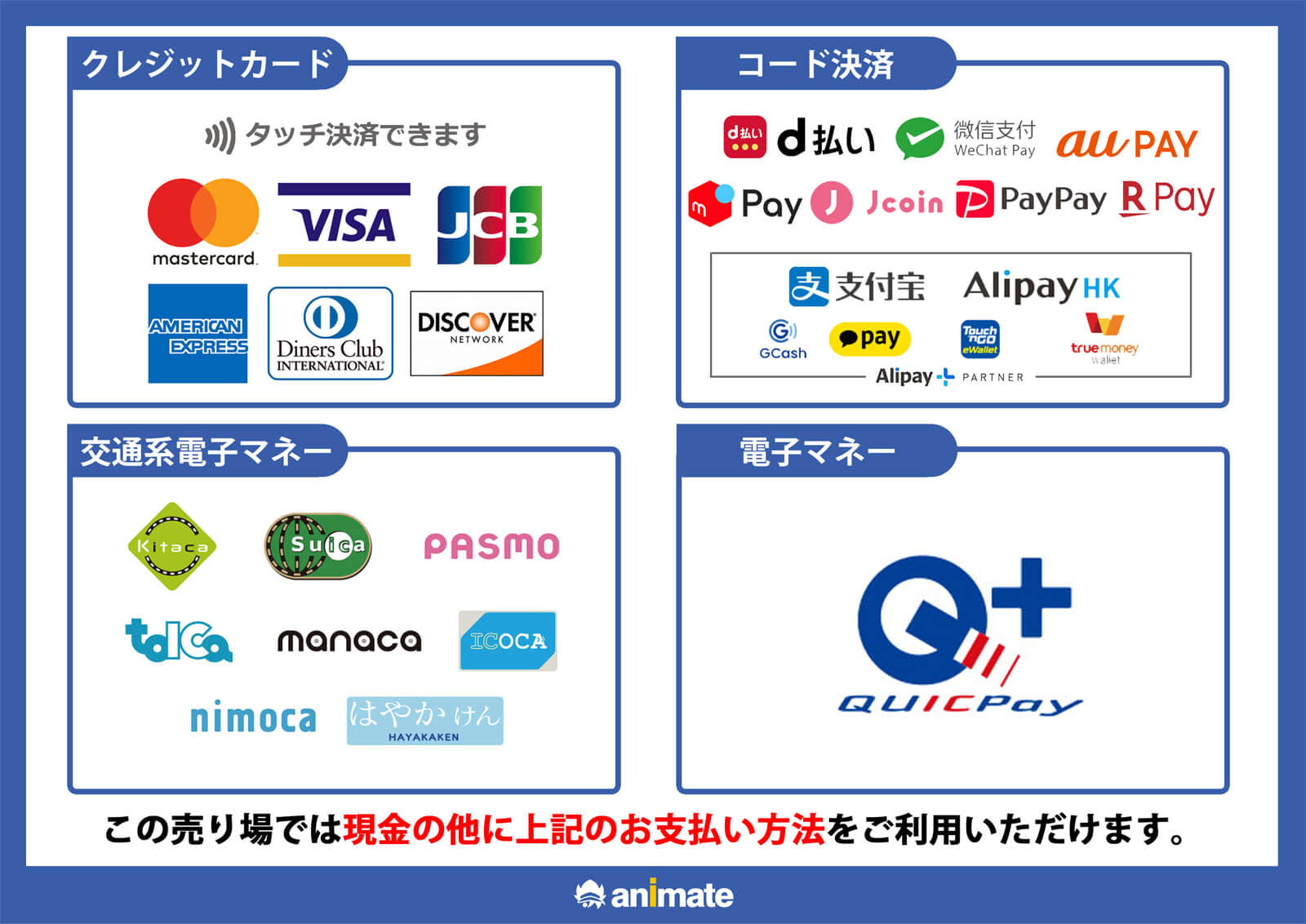 ご利用が可能なクレジットカード、コードk済一覧